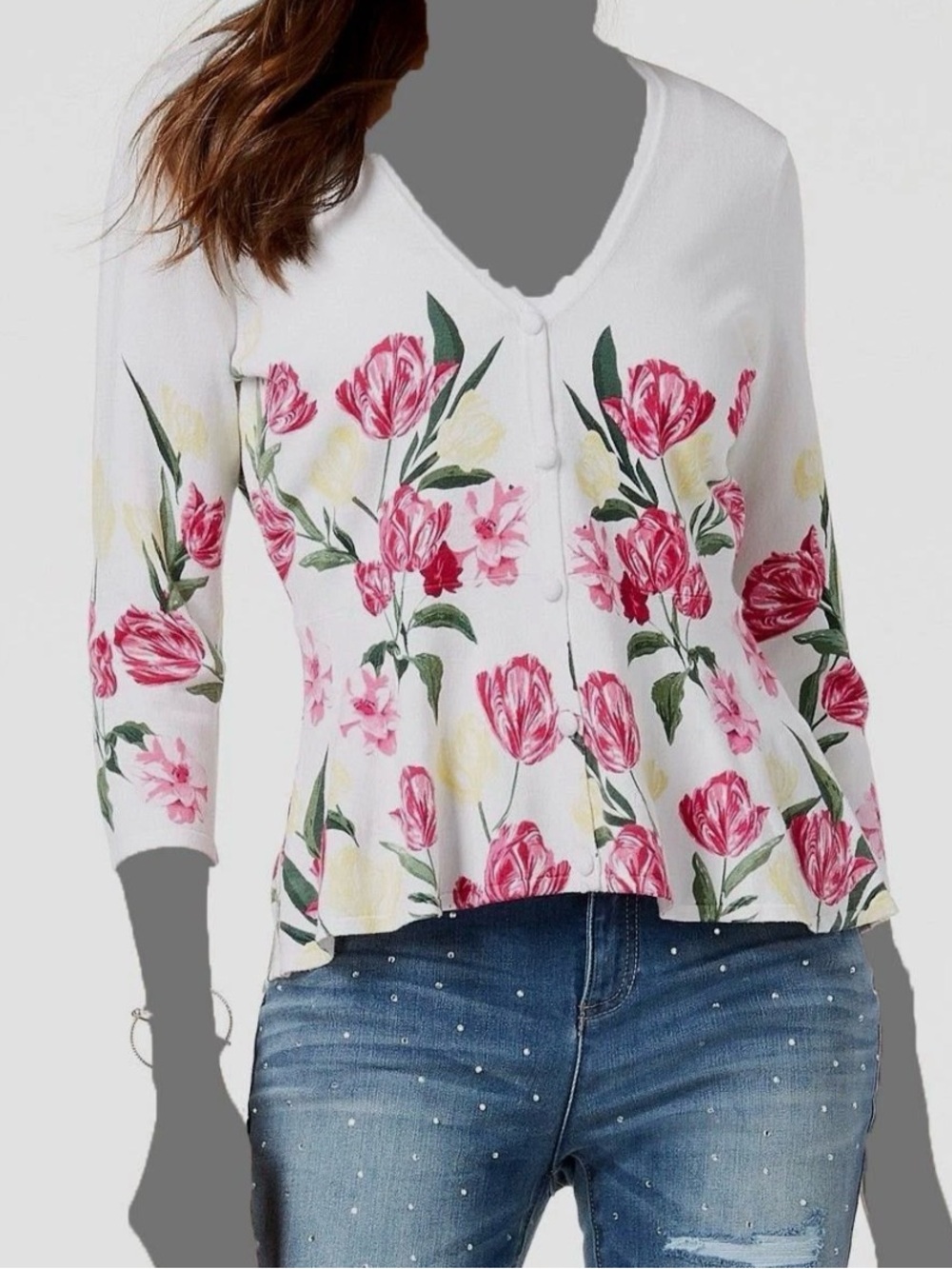 NWT INC International Concepts White Floral Button-Front V-neck Cardigan Sz M